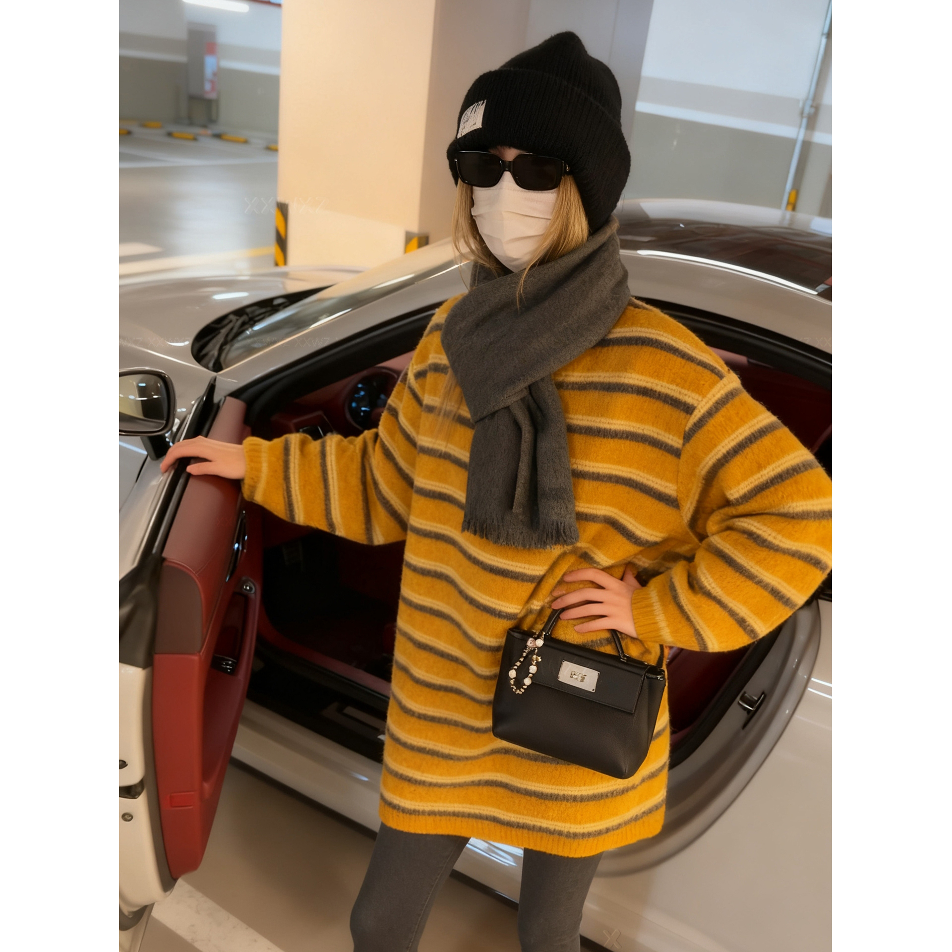 毛绒保暖宽松内搭女冬季新款松弛感撞色条纹长袖打底衫chic上衣服