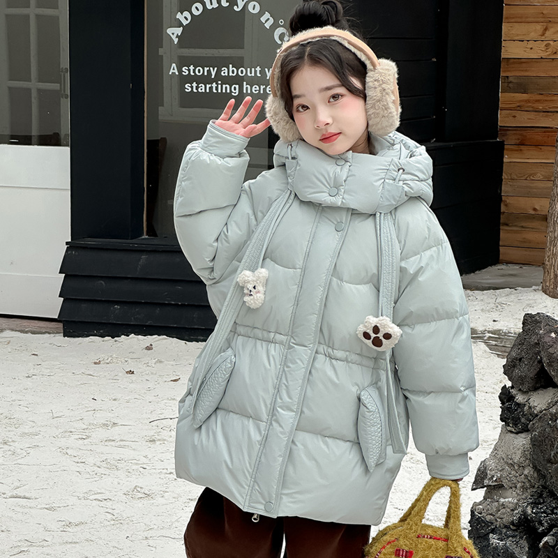 儿童羽绒服女童中长款2025新款收腰飘带加厚冬装韩版外套