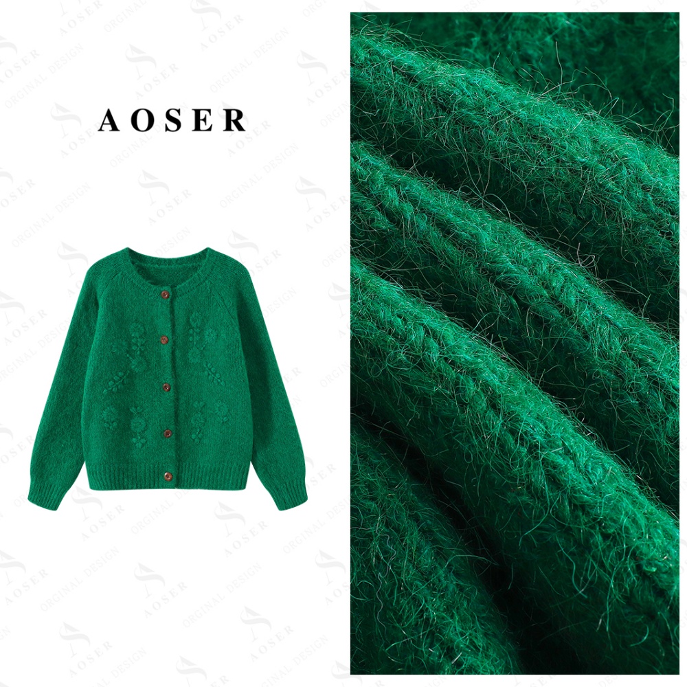 AOSER厚款百搭复古感圆形木质装饰纽扣针织开衫日常休闲款25057