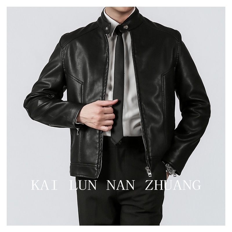 冬季立领男士美式复古廓形皮衣保暖潮流黑色秋冬休闲夹克简约外套