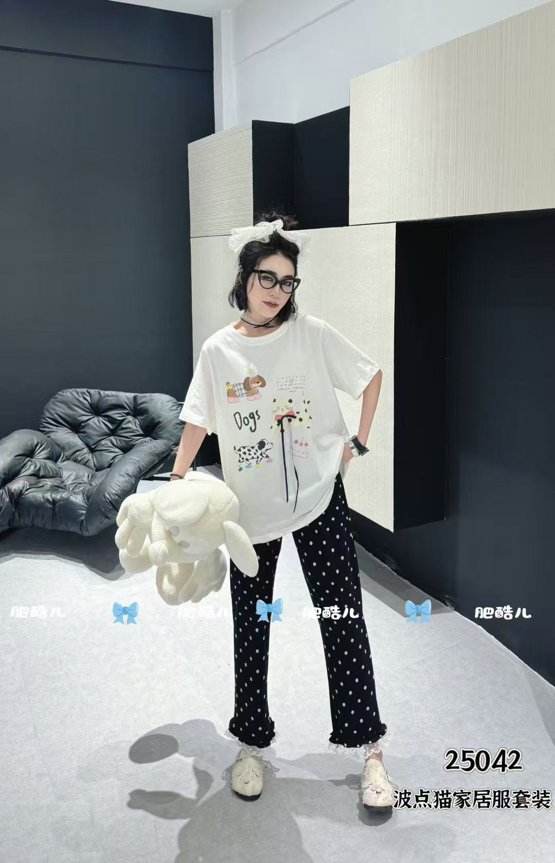 秋季新款女士大码纯棉韩版短袖长裤睡衣家居服套装25042