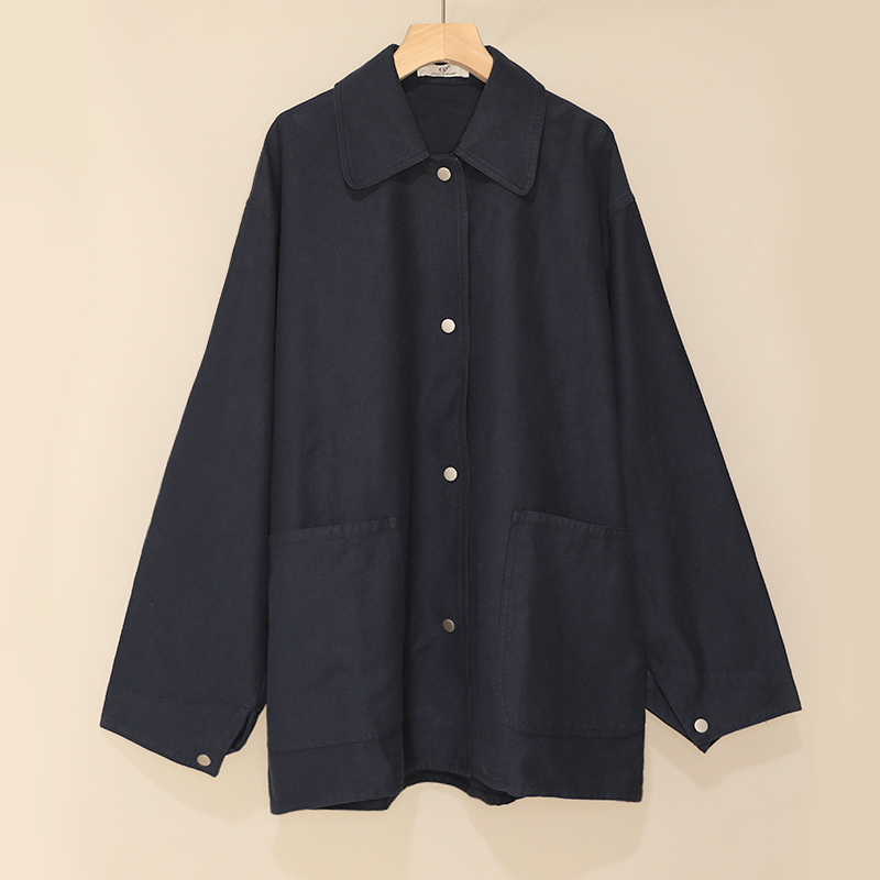 【藏青色】宽松廓形简约休闲女中长外套夹克风衣复古文艺显瘦长袖