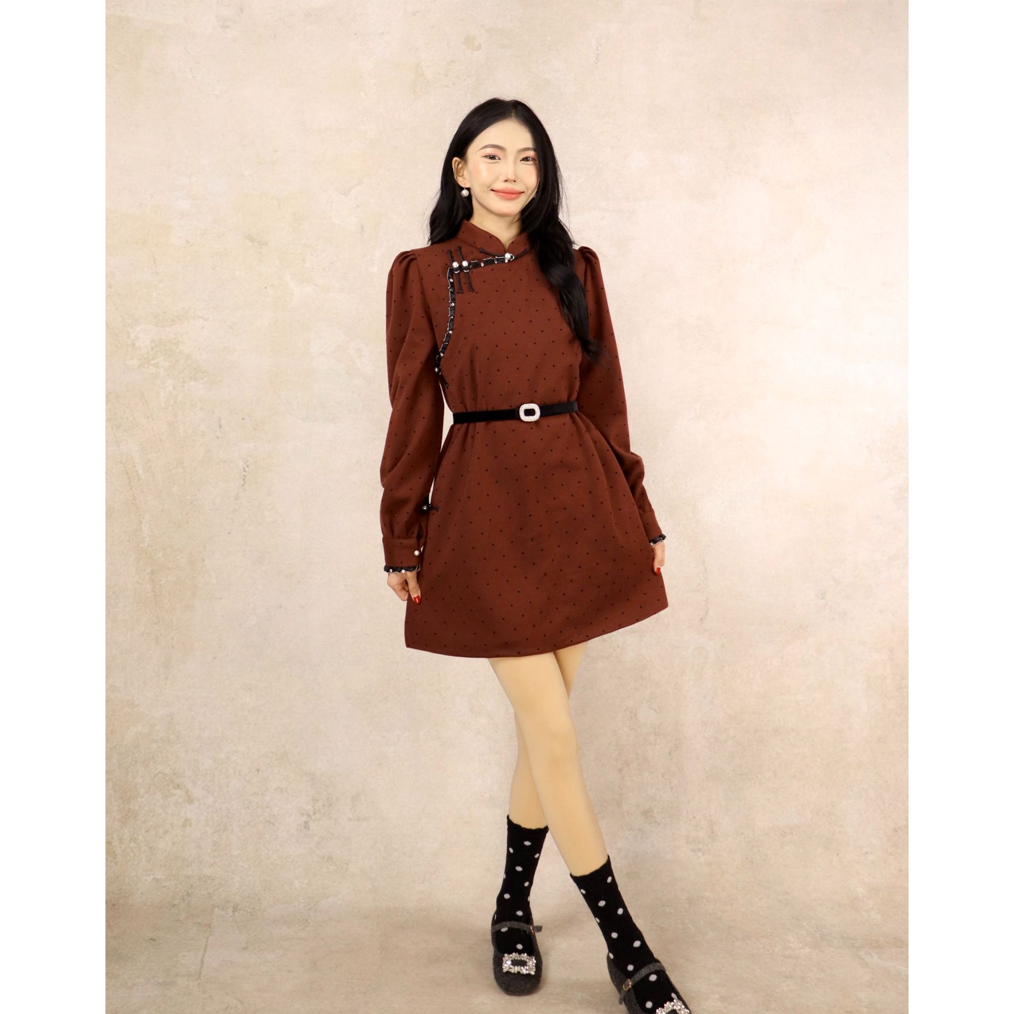 【蒙之艺】波点呢子蒙古元素斜襟外套连衣裙短裙