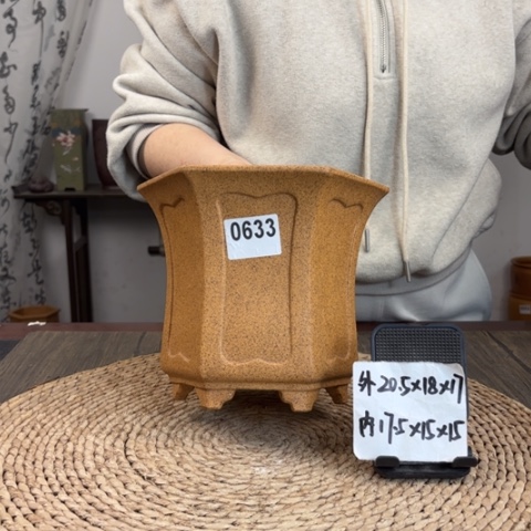 紫砂花盆柴烧内奎面束腰六方0633