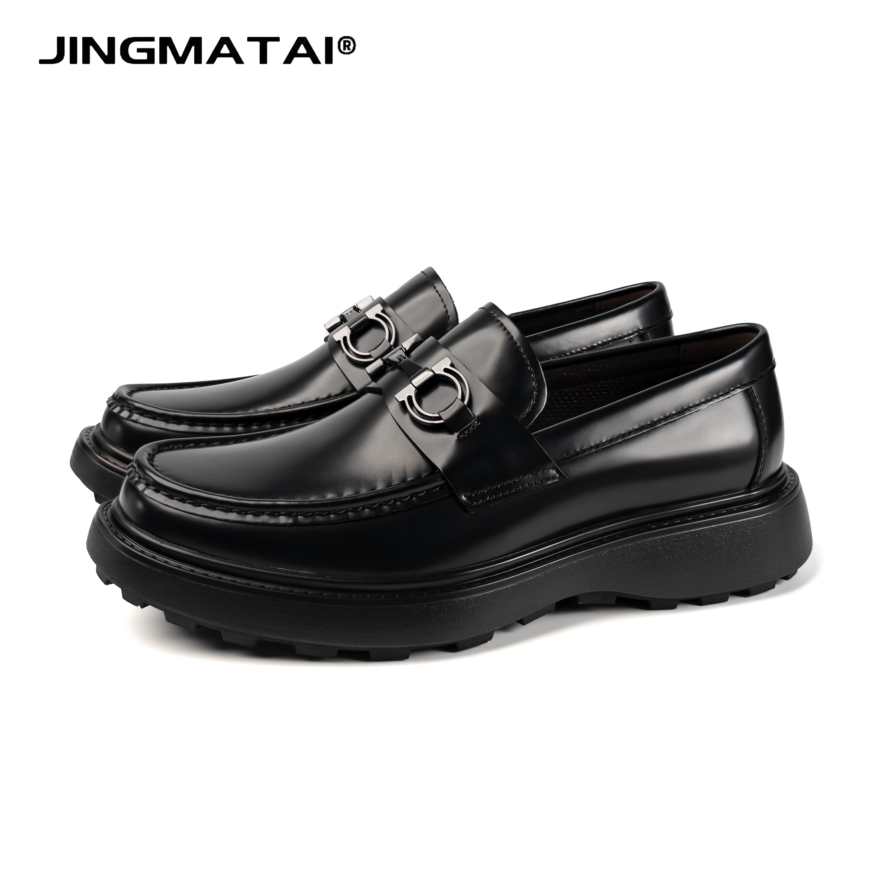 JINGMATAI男款秋冬潮流舒适百搭真皮时尚增高乐福鞋商务皮鞋黑色