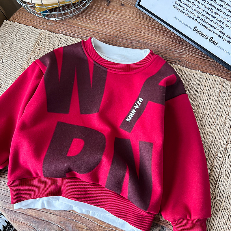 童装2025秋冬新款儿童字母加绒卫衣韩版百搭男童红色卫衣加厚潮