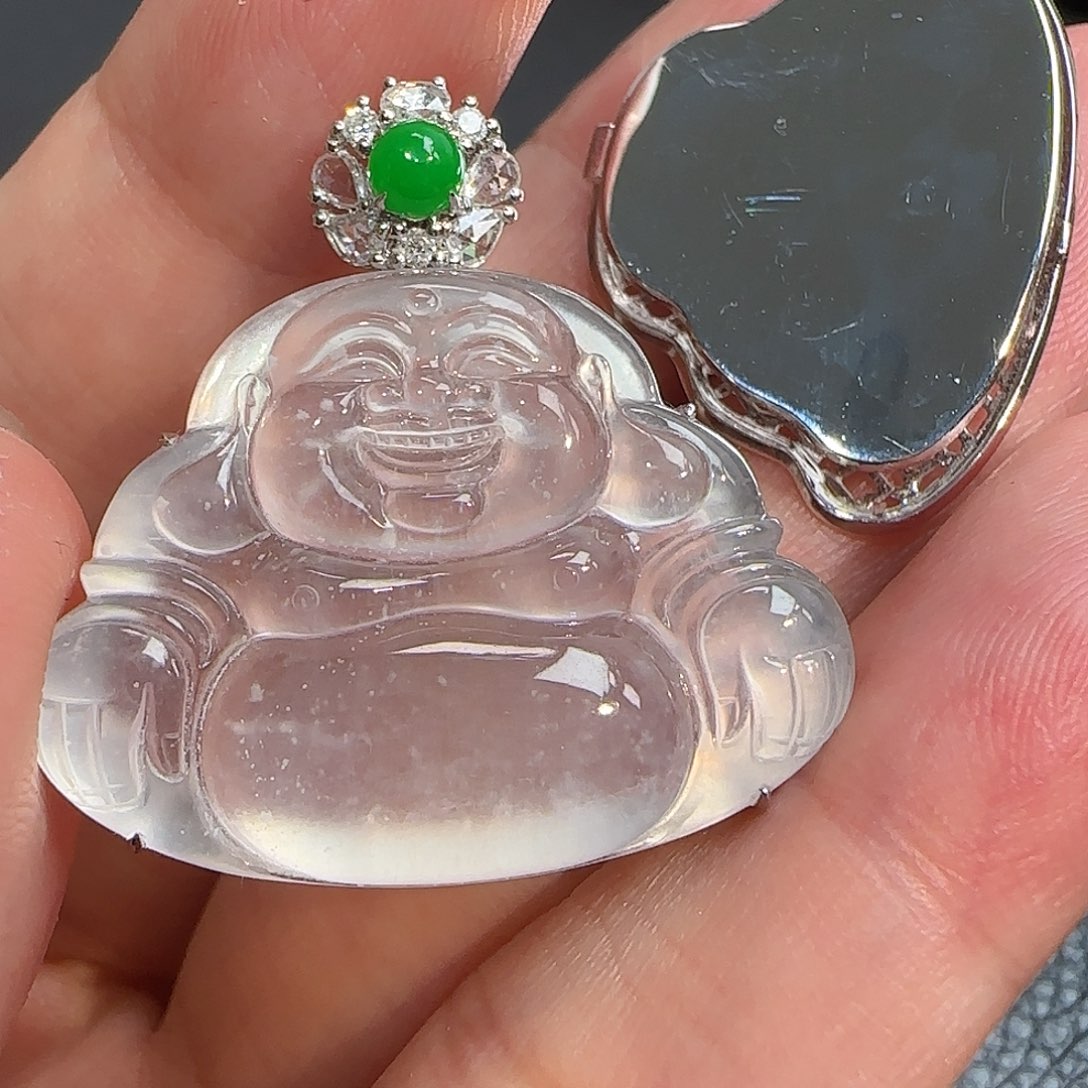 翡翠颈饰18K金镶嵌高冰一刀切雪花棉舒佛