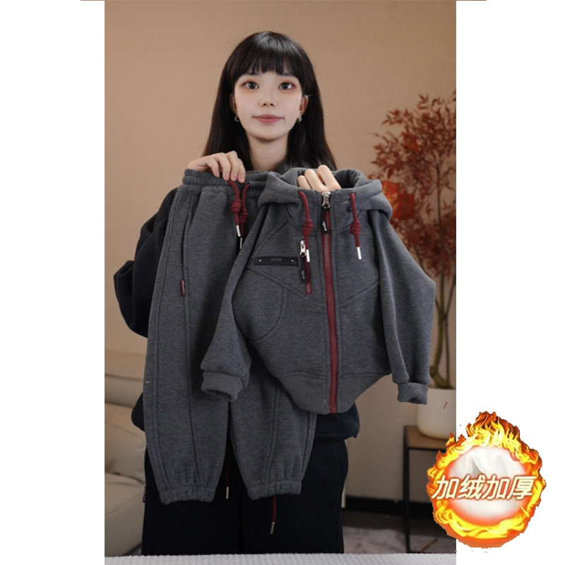 【加绒加厚】儿童秋冬连帽开衫套装宝宝韩版百搭洋气两件套休闲套装