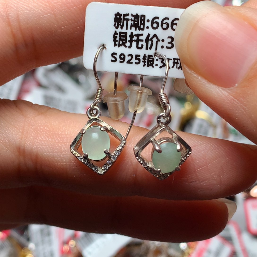 翡翠戒指银S925镶嵌天然翡翠耳饰