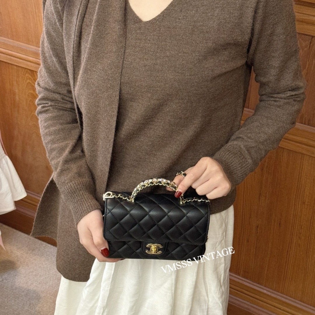 99新 Chanel/香奈儿 23a水钻手柄黑色羊皮单肩包/80327