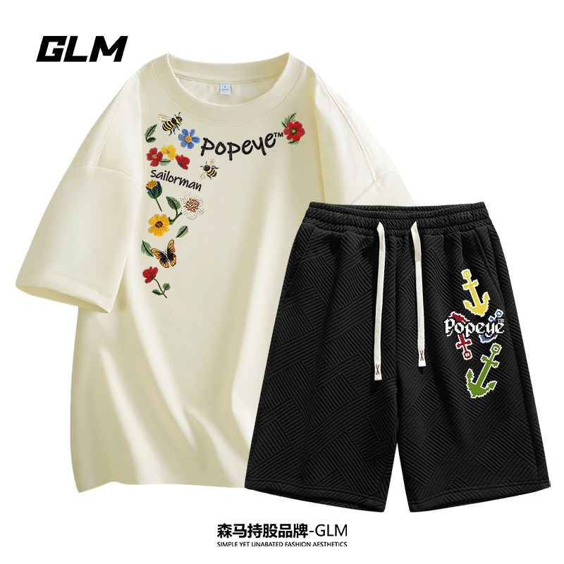大力水手联名GLM【休闲套装】宽松短袖T恤青少年情侣五分裤纯棉上衣