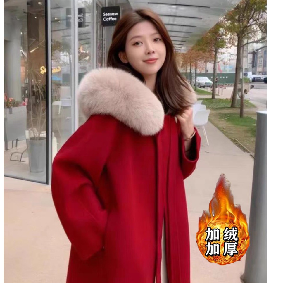 （现货）毛呢外套加厚大毛领连帽红色长款呢子大衣2024冬季新款1680