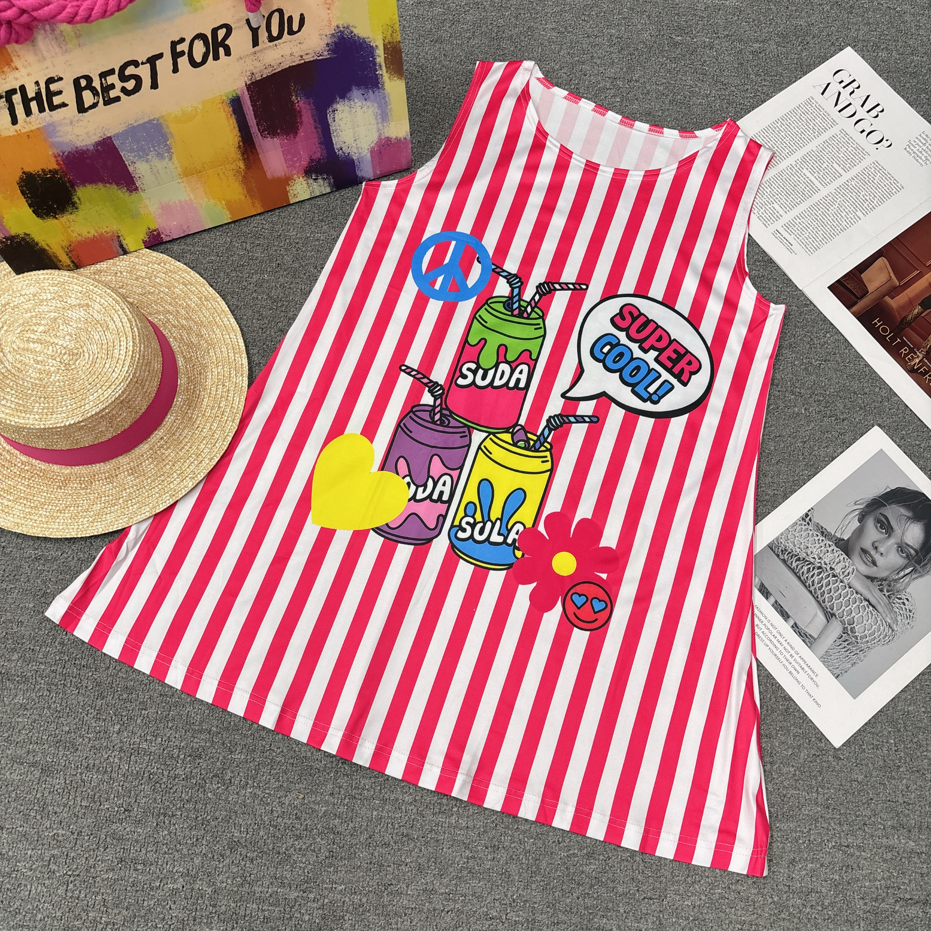 W021外单定制款弹力牛奶丝竖条可乐瓶A版砍袖背心裙