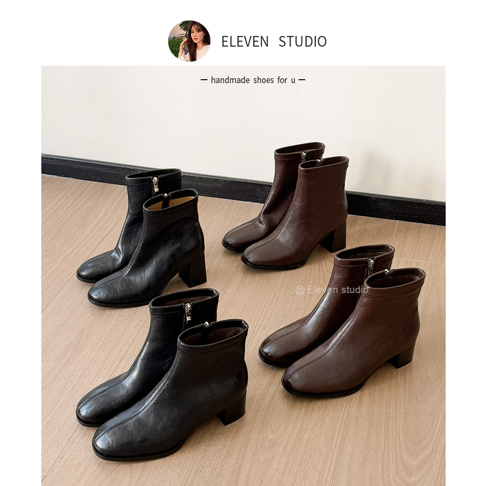 【王11】4.5|7CM 2025秋冬新款方头复古瘦瘦女短靴粗跟后拉链/倾诉