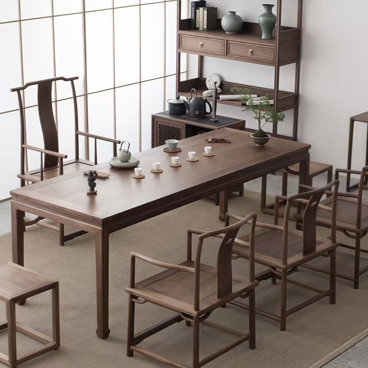 新中式束腰马蹄桌老榆木茶桌椅组合家用实木茶桌禅意简约泡茶桌