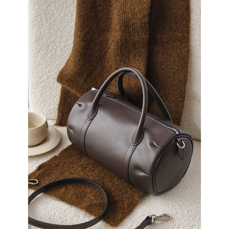 A美洋MEIYANG 乌木桶手提包头层牛皮复古法式可拆卸肩带斜挎圆筒U