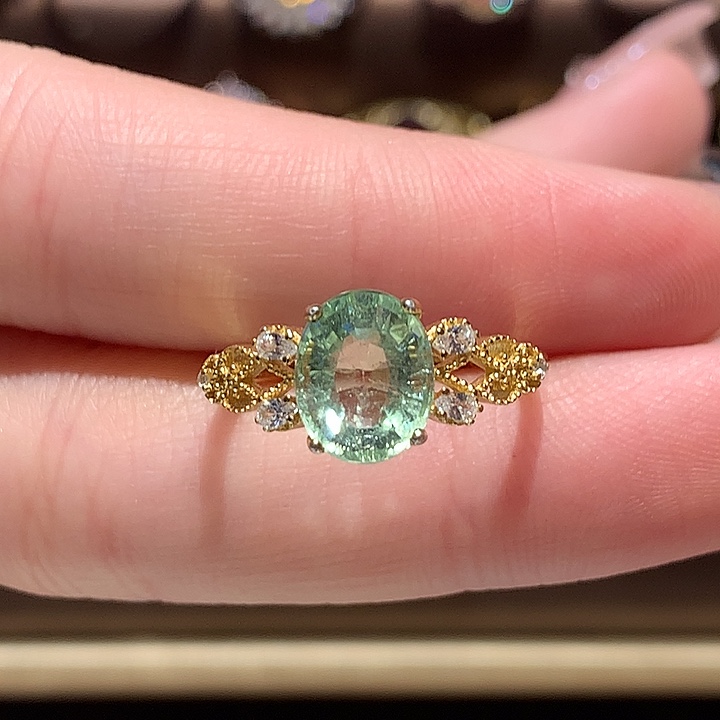 戒指银S925镀金镶嵌绿色碧玺