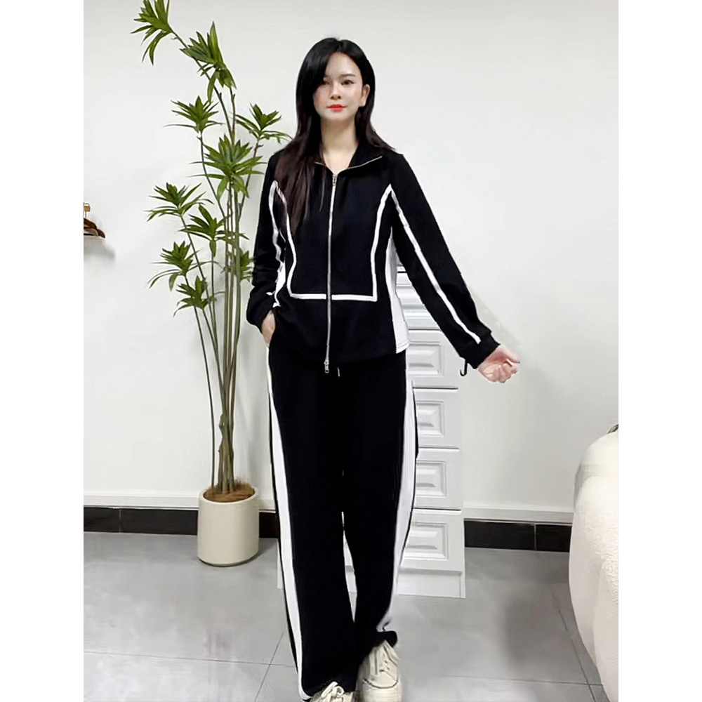 大码拉链宽松卫衣早秋女2025年新款设计感抽绳松紧腰阔腿长裤套装