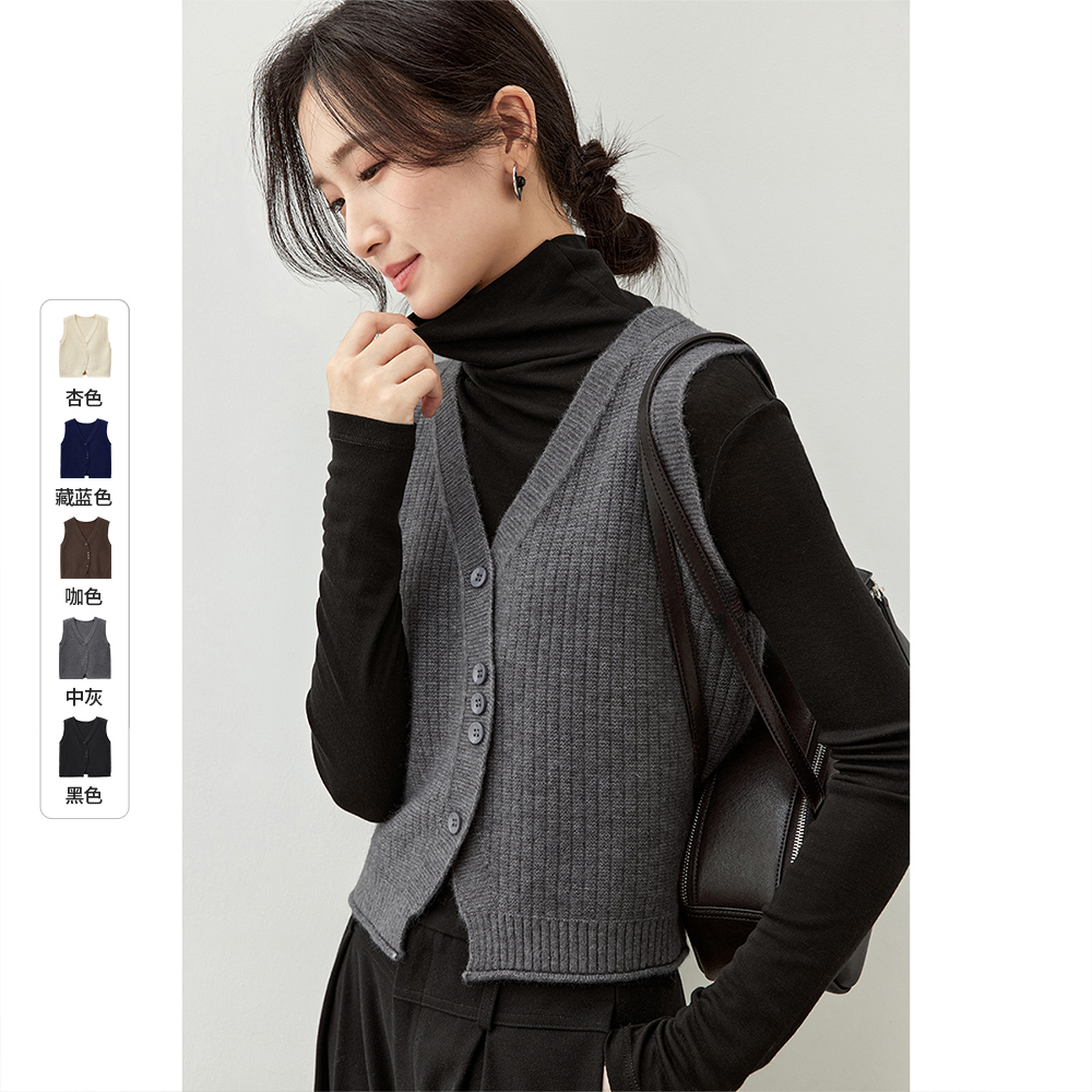 尚都比拉 简约休闲叠搭背心V领弧形门襟单排扣短款无袖马甲56735