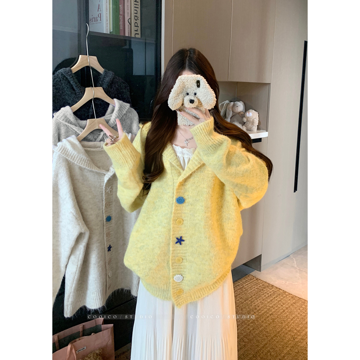 大码秋装新款连帽海星扣子设计感针织开衫宽松毛衣外套