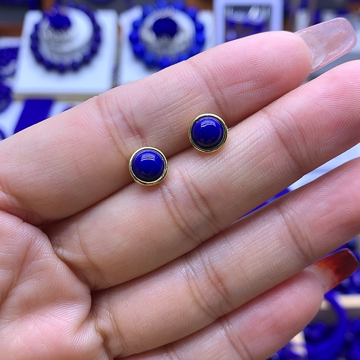 青金石耳钉银S925镀金镶嵌