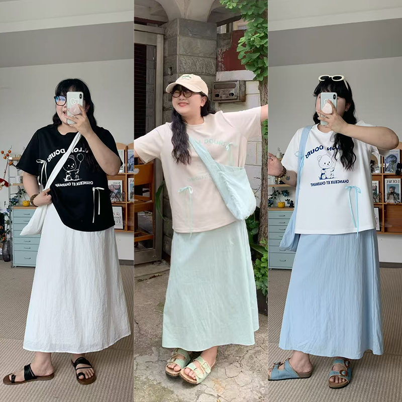  【C】大码女装立体蝴蝶结宽松T恤+纯色A字裙（送包包） 6001