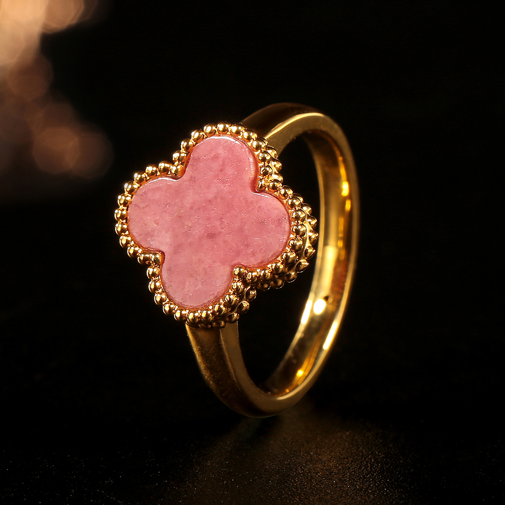 【佳佳专属】18K金四叶草蔷薇石戒指 时尚轻奢气质经典