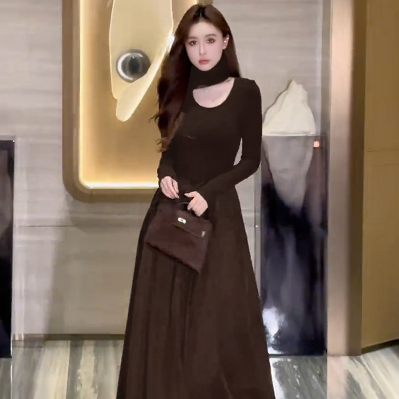 【有里布】A字裙显瘦长袖名媛复古气质连衣裙D0185