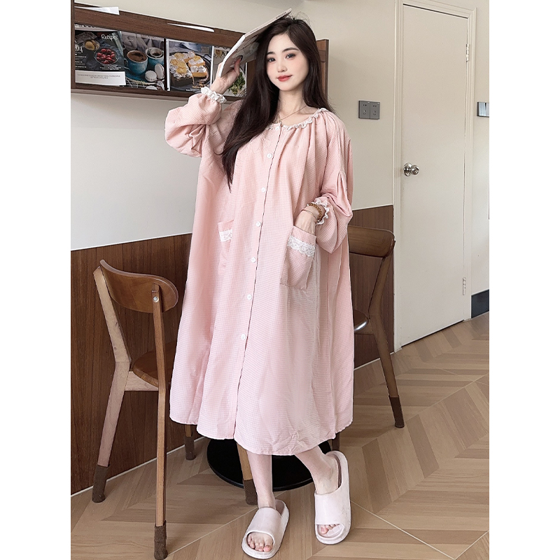 胖MM大码新款中长款睡衣秋季长袖甜美睡裙韩版薄款连衣裙家居服