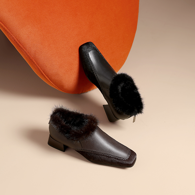 【现货】A-MDN-6713冬季加绒保暖方头皮鞋女粗低跟真皮深口单鞋