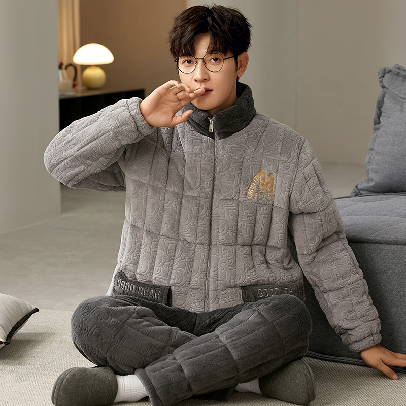 冬款三层夹棉睡衣男加厚刺绣简约高级感冬季保暖男士家居服套装