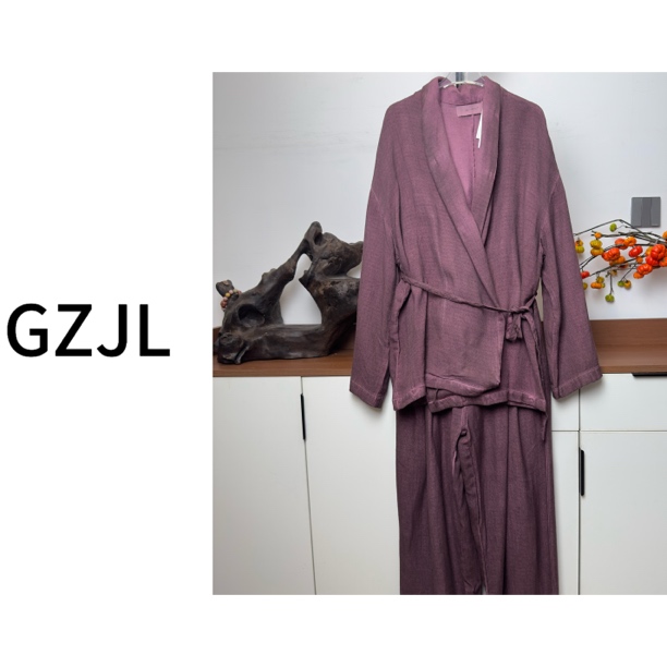 2025年秋冬新款亚麻炒色双襟和服式绑带+裤子套装