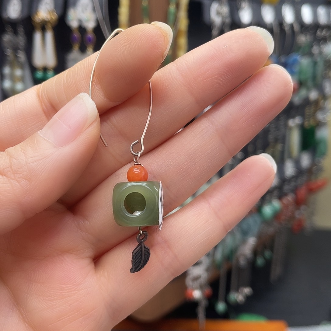 和田玉耳饰银S925镶嵌三***乐132yhjhyy