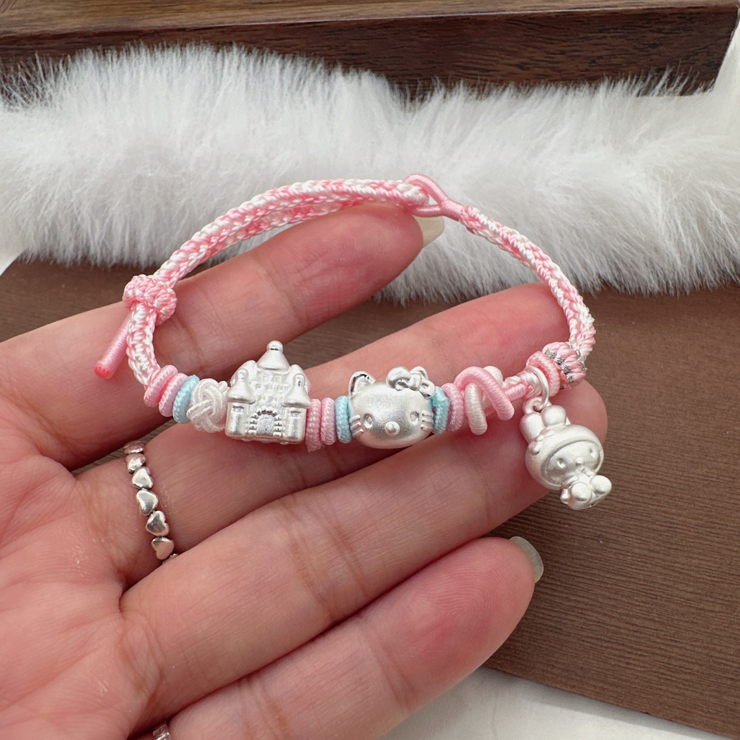 足银手链 纯银999足银三丽鸥kitty猫手工编织绳库洛米美乐蒂礼物