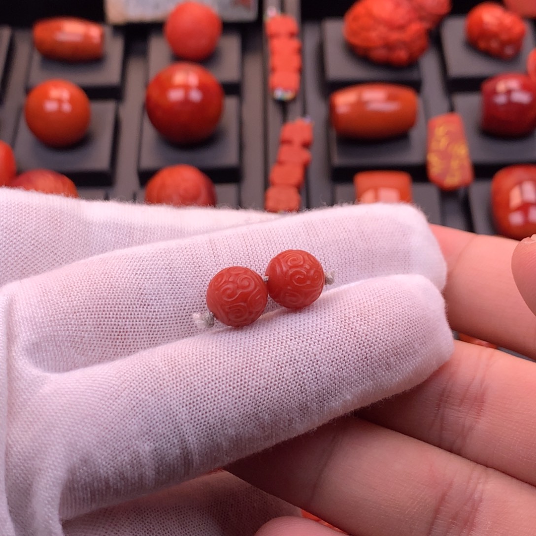 南红玛瑙未镶嵌精工雕刻回纹圆珠腰珠对珠9.5mm