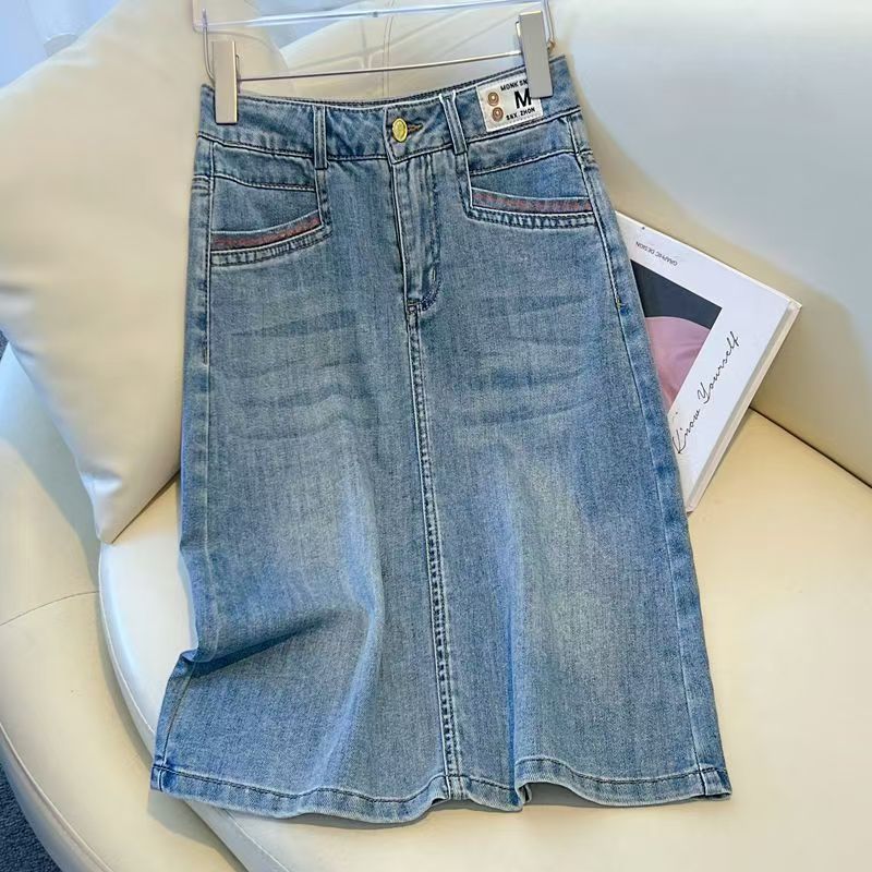 2038#牛仔半身裙2025新款小个子开叉中长款显瘦裙子新中式