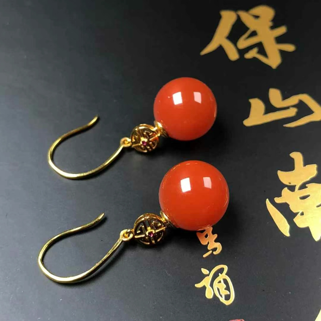 玮蔓珠宝 精品原矿保山南红18K金镶嵌圆珠耳坠耳钩 福如东海