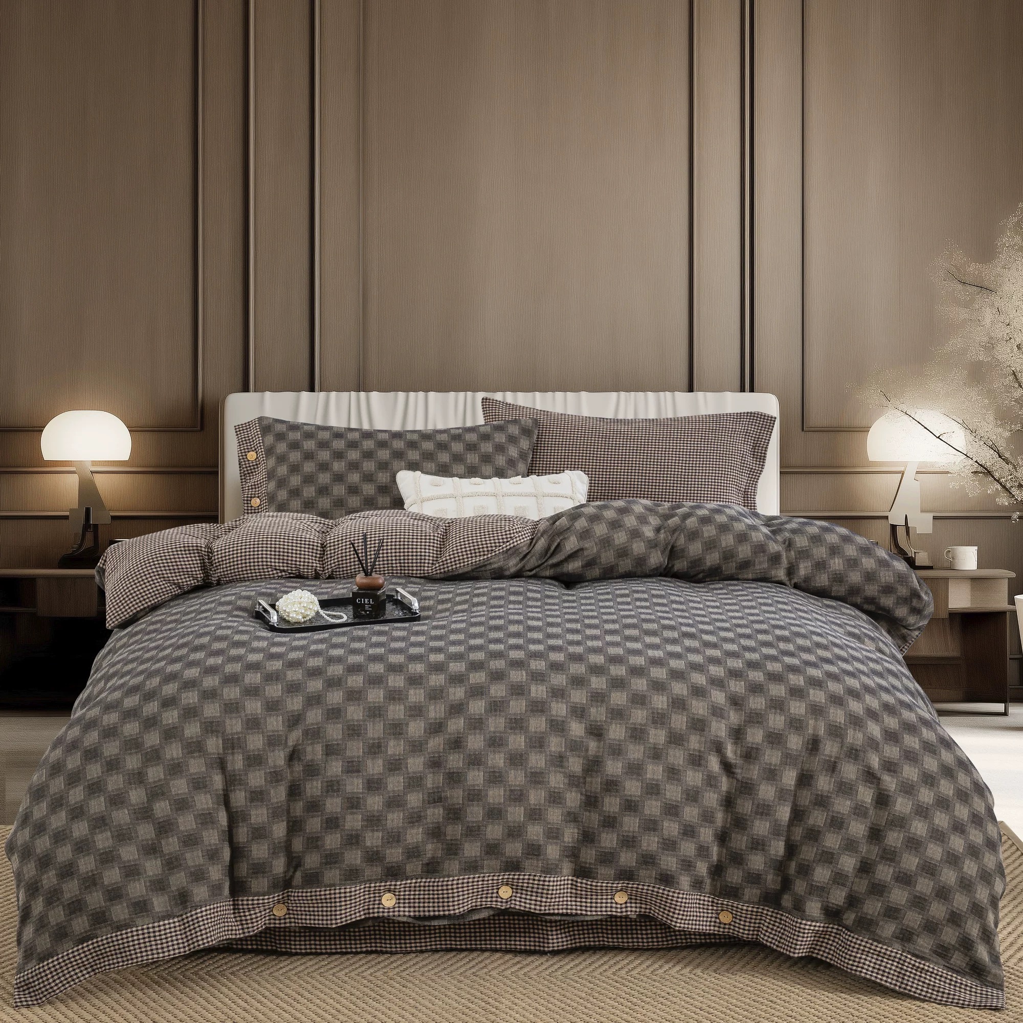 【2025新款-棋盘格】全棉A类复古色织提花双层纱四件套加柔加皱感