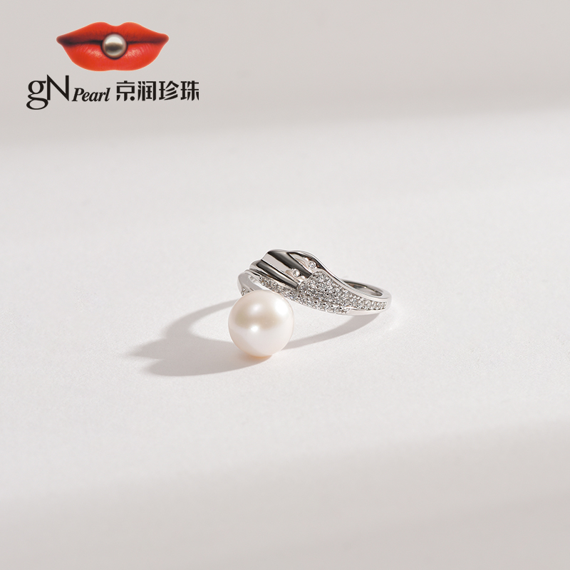 【严选】京润珍珠 途影银S925淡水珍珠戒指8-9mm白色圆形造型设计