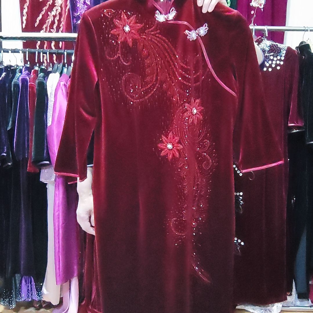 深酒红金丝绒重工中长旗袍2XL120-130内胸106腰92