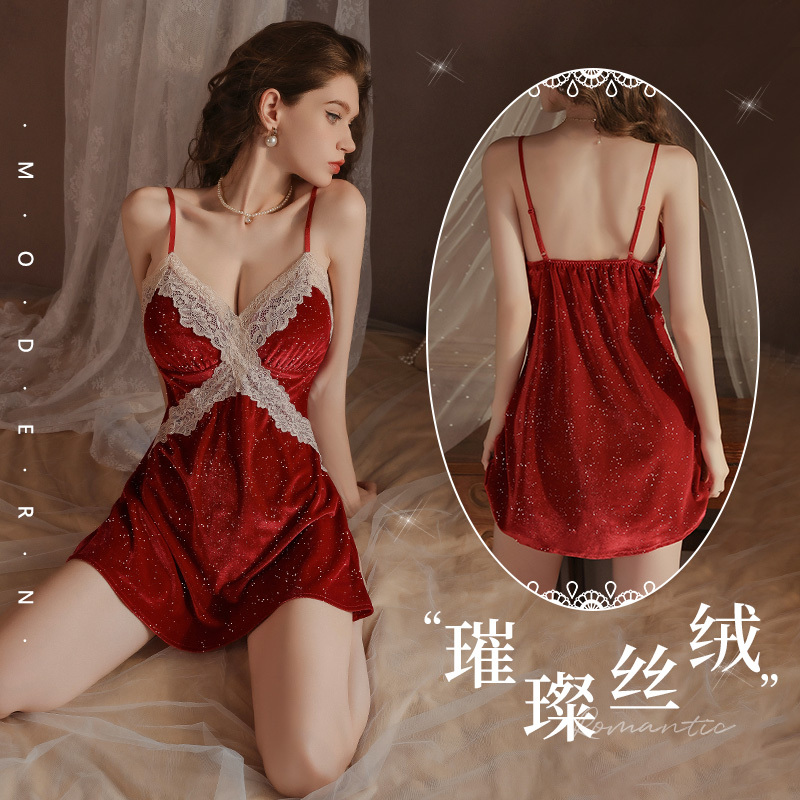 【推推乐保底6件】性感睡衣吊带裙繁星点点含胸垫丝绒睡裙7821