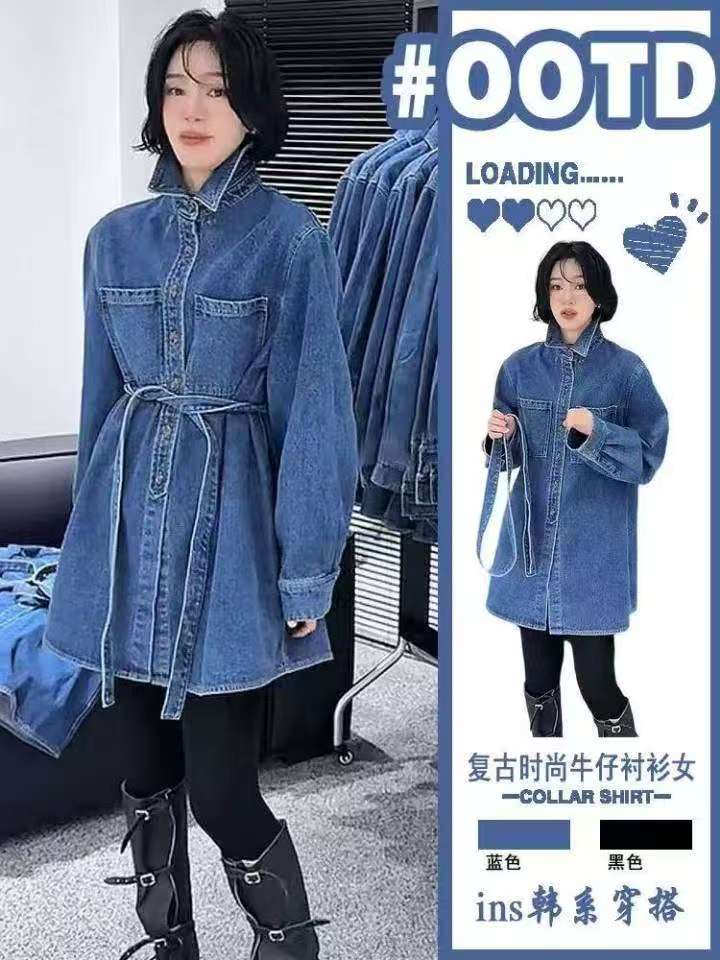 ZS966863复古立领长袖牛仔衬衫2026新款单排扣中长款系带收腰上衣