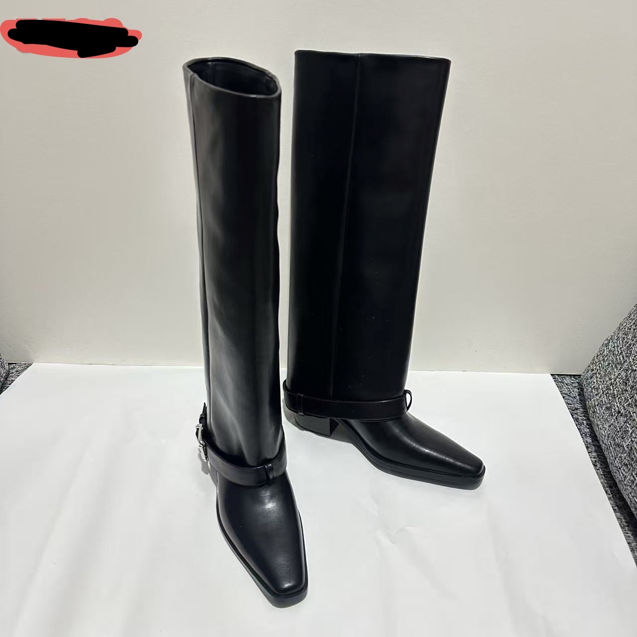 0081/断码不加单/全牛皮粗高跟裤管靴黑色长靴