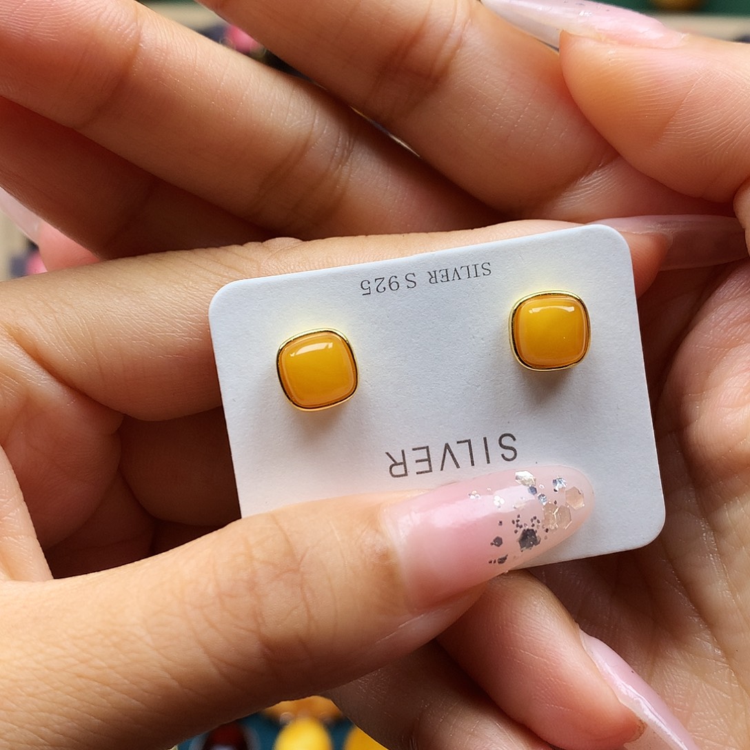 蜜蜡银S925镶嵌耳饰耳钉