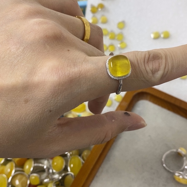 蜜蜡裸石银S925镶嵌戒指