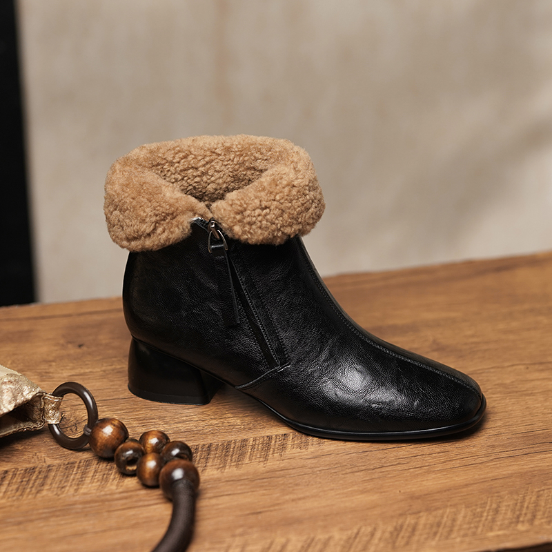 3cm/牛皮/保暖厚毛粗跟短靴女百搭中跟方头羊毛冬季女鞋马丁靴女