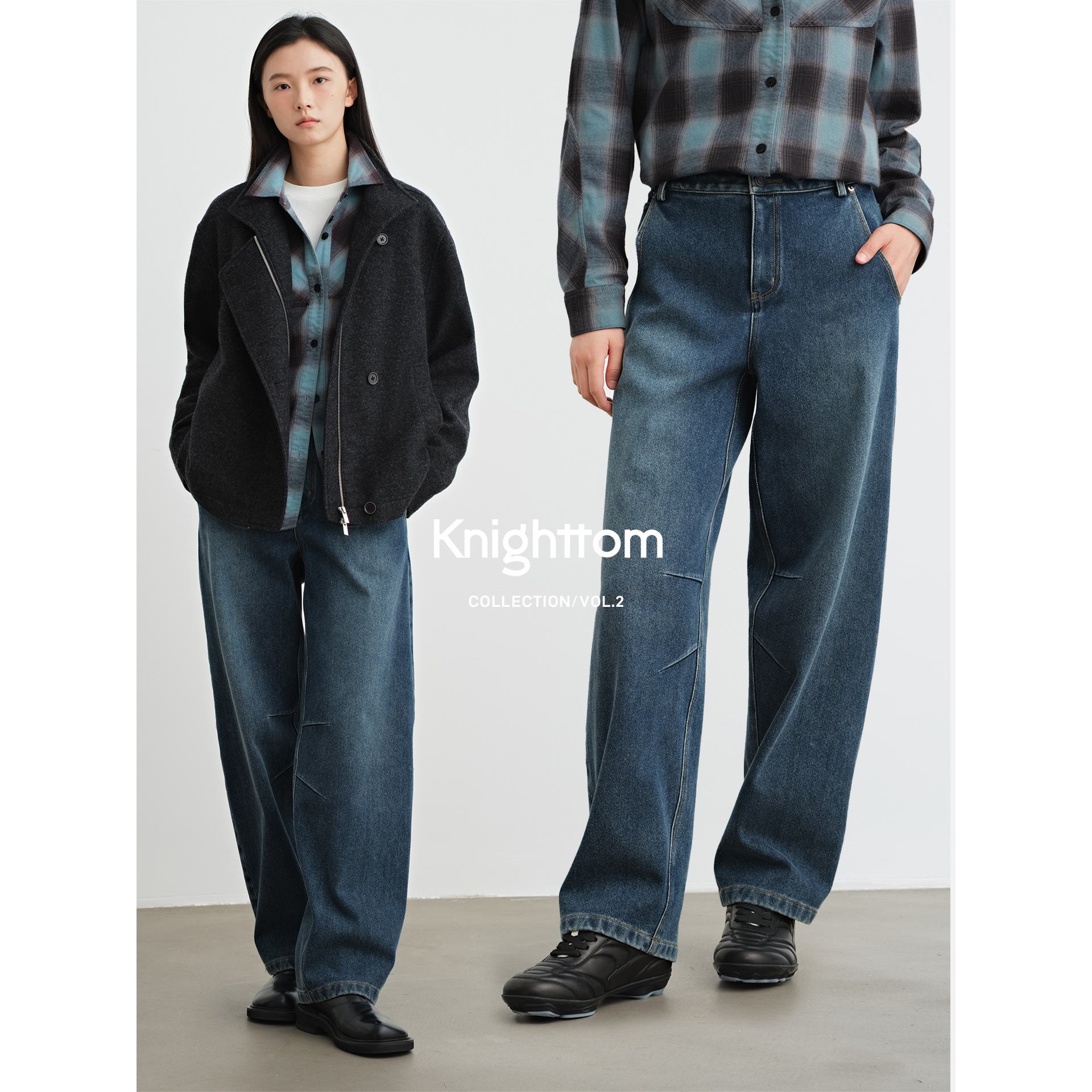 knighttom【长短款 重磅微弹棕特绒】加绒洗水简约牛仔裤X253N107A