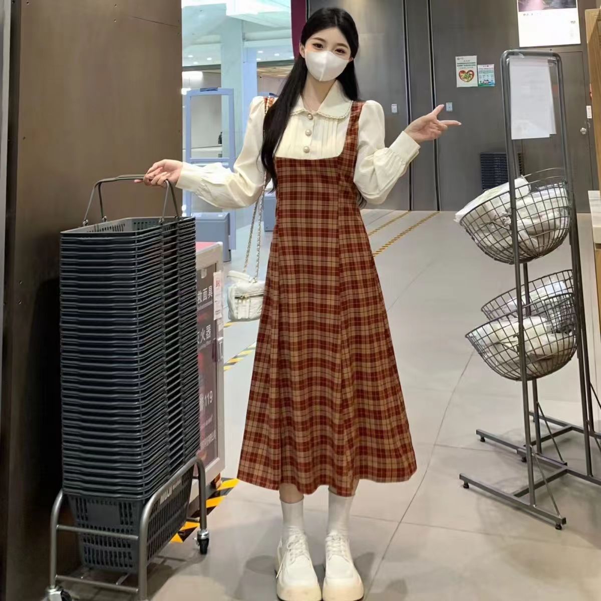 胖妹妹法式学院风显瘦格纹背带连衣裙女春秋冬新款假两件裙子1606