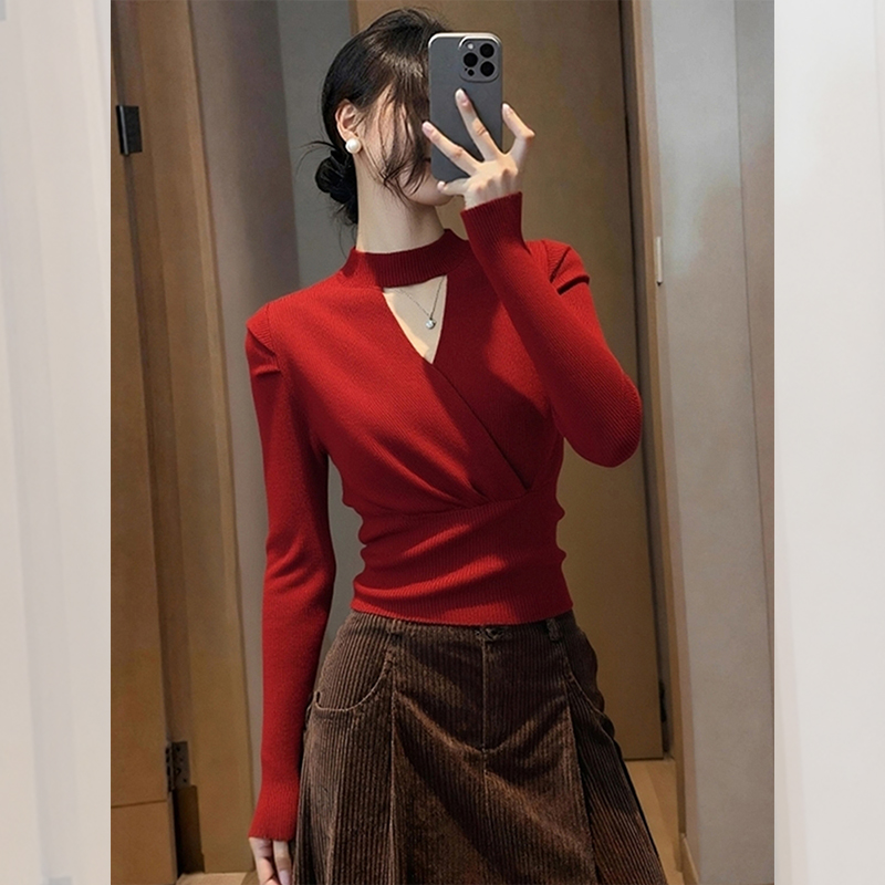 独特漂亮内搭红色镂空小衫针织打底衫洋气高贵休闲上衣女冬季穿搭