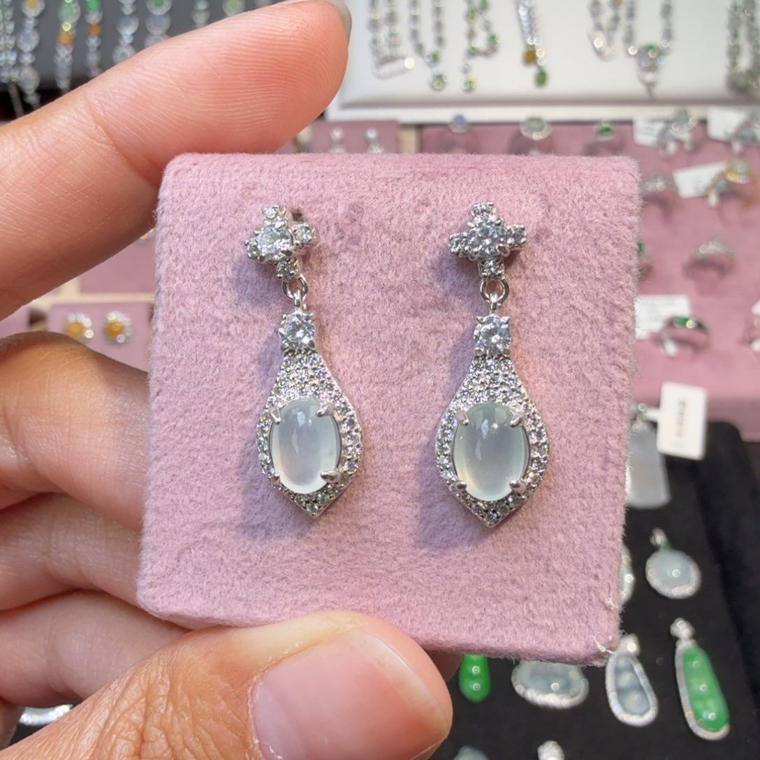 翡翠银S925镶嵌耳饰纯天然缅甸翡翠A货耳坠